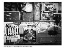 Exterior wall with partially removed posters and graffiti, with caption reading, "Posters for 'The Hybrid State' film festival at Exit Art in 1991"