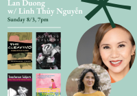 Event flyer with turquoise background and headshot photos of Lan Duong and Lin Nguyễn on the right side and four book covers on the left with the titles The Cleaving, Nothing Follows, Treacherous Subjects, and Troubling Borders