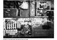 Exterior wall with partially removed posters and graffiti, with caption reading, "Posters for 'The Hybrid State' film festival at Exit Art in 1991"