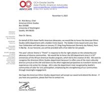 A letter addressed to Dr. Rick Bonus, AES' Chair, from the OCA Greater Seattle Asian Pacific American Advocates